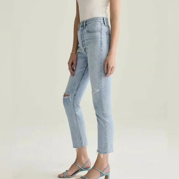 Agolde Riley High Rise Straight Crop Light Wash Ripped Jeans Size 25 - Picture 2 of 9
